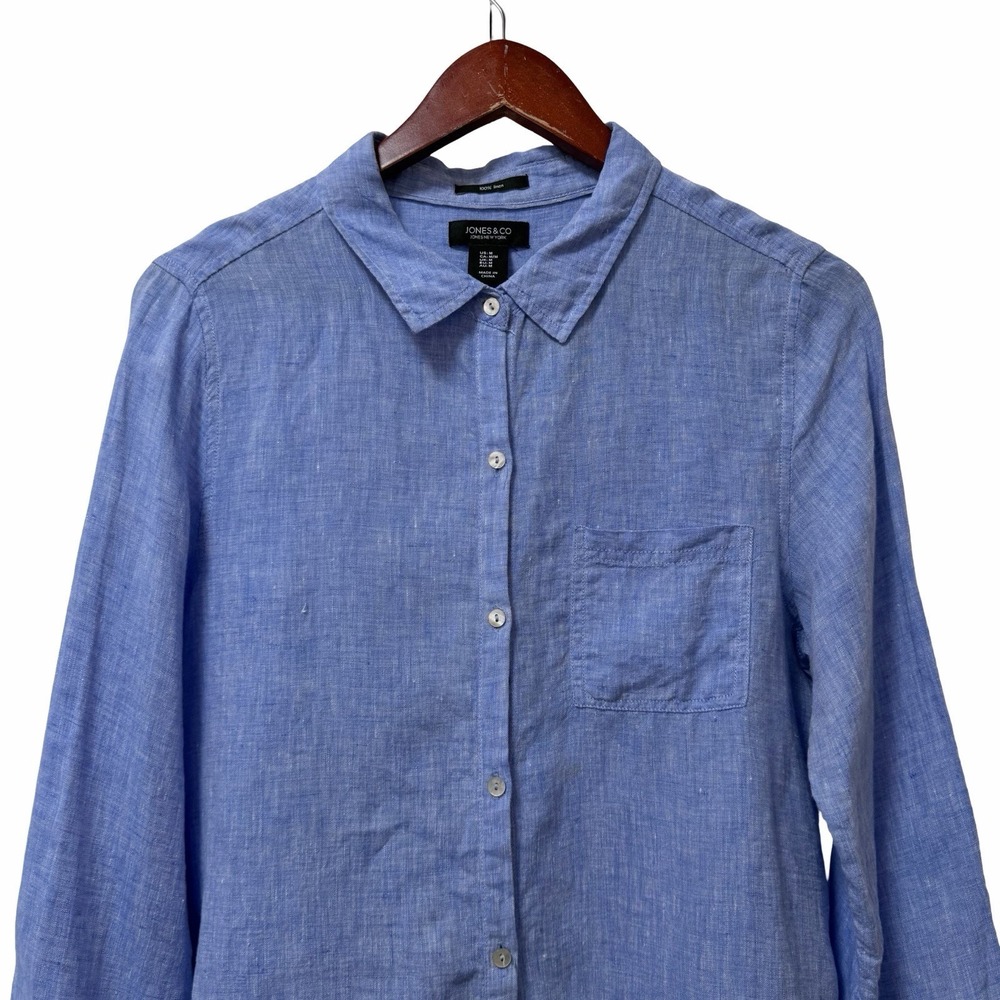 Jones & Co Womens Linen Button Up Shirt Size M Blue Coastal Beach Vacation FLAW - Picture 3 of 9